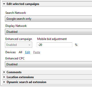 Campaigns Tab in Adword Editor