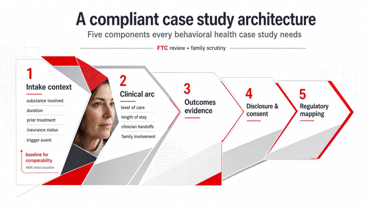 Visualize the five required components of a compliant behavioral health case study as described in the section, giving readers a clear structural framework tied to regulatory sources